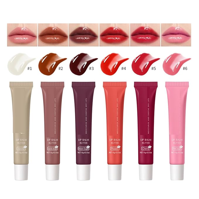 6 Color Hydrating Lip Butter Balm, Moisturizing Lip Repair, Lightweight Nourished Lip Glossy Christmas for Women (06 Pink Sugar)