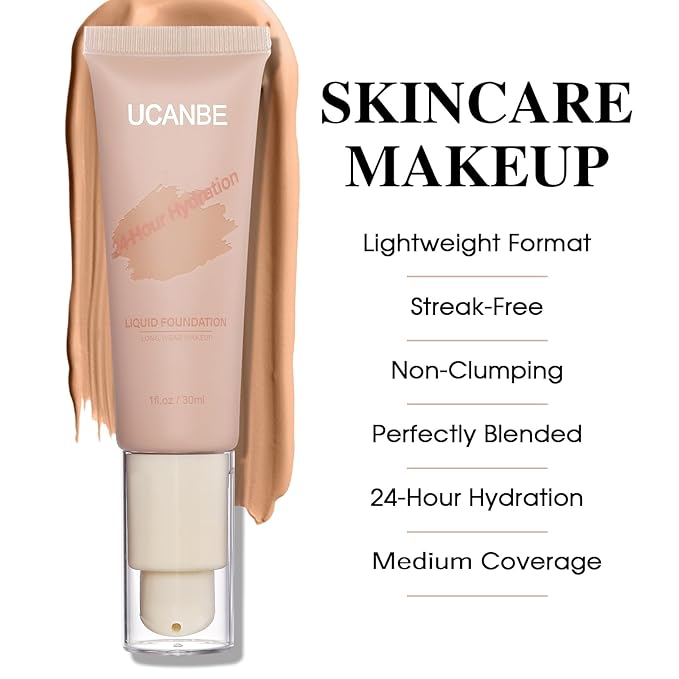 UCANBE Matte Liquid Foundation with Brush, Skincare Serum Foundation Face Makeup with Hyaluronic Acid, Medium to Full Coverage Waterproof Oil Control Longwear, for Mature Skin, Nude Beige, 1 fl. oz.
