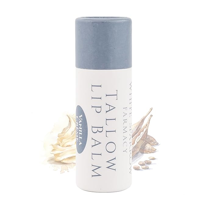 Organic Tallow Lip Balm (Vanilla Crème) from Grass Fed Cows. Super hydrating with Tallow, Olive Oil, Honey, and Beeswax. Sustainable Cardboard Tubes & Hand Filled. Jumbo Size 0.5 oz.