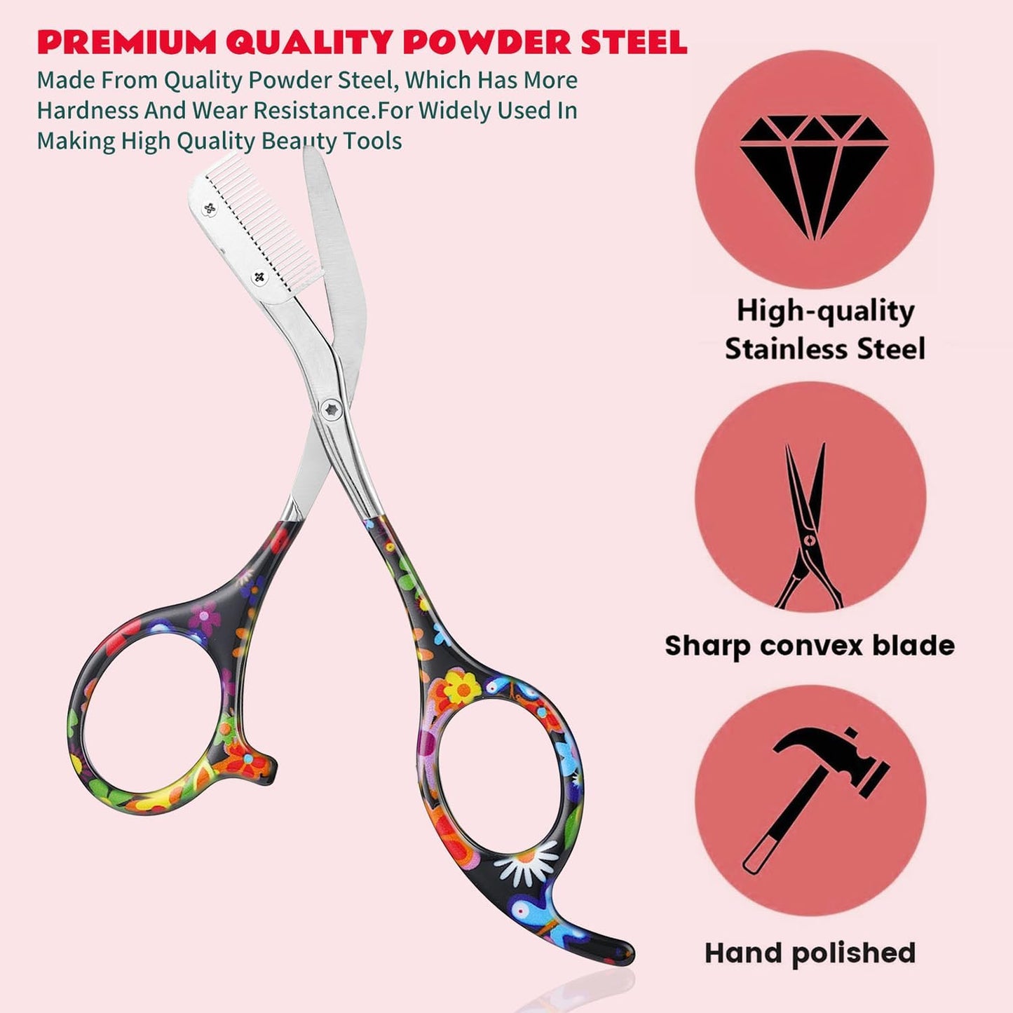 Stainless Steel Eyebrow Trimmer with Comb, Facial Grooming Scissors Kit, Professional Precision Eyebrow Trimmer Scissors,Perfect for Gifts for Men and Women (Black-A)