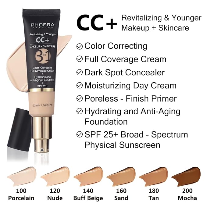 PHOERA Foundation,PHOERA CC+ Cream Color Correcting Anti Aging Hydrating Serum &SPF 25+,PHOERA Primer, PHOERA Makeup, Kabuki Makeup Brushes Foundation Brush (106 Warm Sun+180 Tan CC Cream)