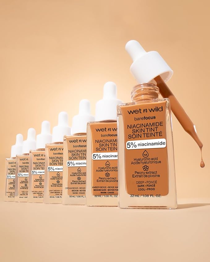 wet n wild Bare Focus Skin Tint, 5% Niacinamide Enriched, Buildable Sheer Lightweight Coverage, Natural Radiant Finish, Hyaluronic & Vitamin Hydration Boost, Cruelty-Free & Vegan - Deep