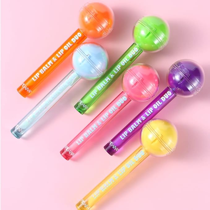 Tinted Lip Balm Lollipop Lip Gloss, Magic pH Color Changing Pink Lipstick & Vitamin E Clear Lip Oil Combo, Hydrating Plumping Lip Care Product for Girls (Orange)