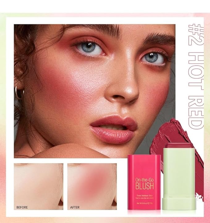 On-the-Go Makeup Blush Stick Tinted Moisture Stick, Shadow Lips Cheek Blusher Creamy Makeup Long Lasting Natural Nude Makeup for All Skin (red)
