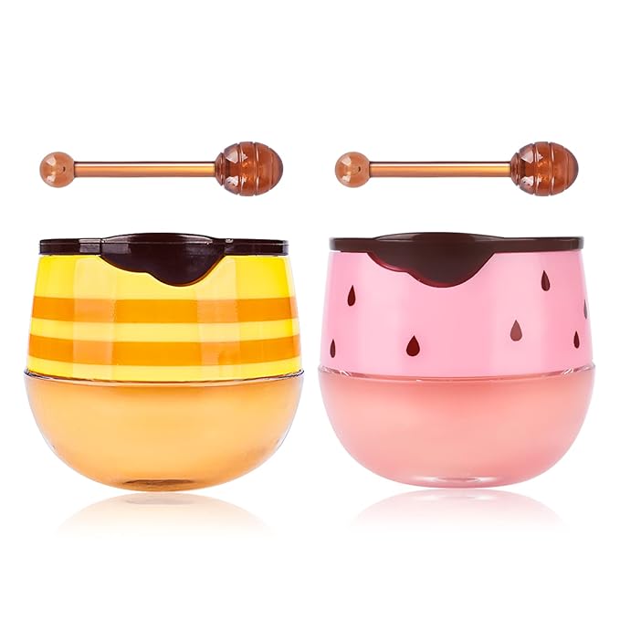 2Pcs Honey Strawberry Lip Balm Honey Pot, Strawberry Lip Sleeping Mask, Overnight Lip Sleeping Mask, Honey Balm Lip Balm Pot, Honey Lip Mask Nourish Lip Scrubs Exfoliator Honey/Strawberry
