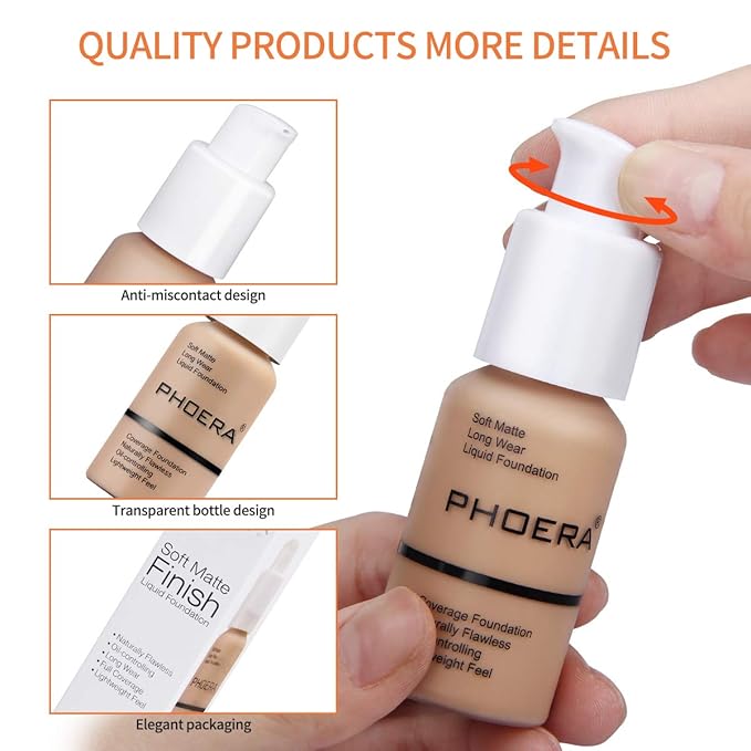 PHOERA Foundation Makeup Naturally Liquid Foundation Full Coverage Mattle Oil-Control Concealer 8 Colors Optional,Great Choice For Gift(#101 Porcelain,30ml)