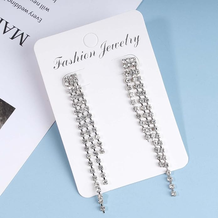Boho Rhinestone Tassel Earrings Long Fringe Drop Dangle Earrings Silver Crystal Chain Tassel Earrings Vintage Chandelier Chain Studs Earrings Luxury Statement Earrings Jewelry for Women and Girls Gifts