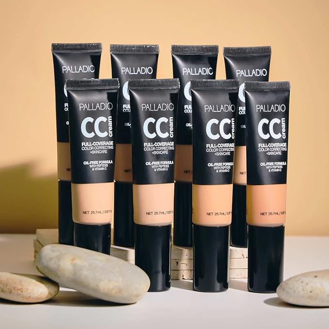 Palladio Full-Coverage Color Correction CC Cream, Oil-Free with Peptides & Vitamin C, Best for Correcting Redness and Uneven Skin Tone, Buildable Foundation Coverage (Light 20W)