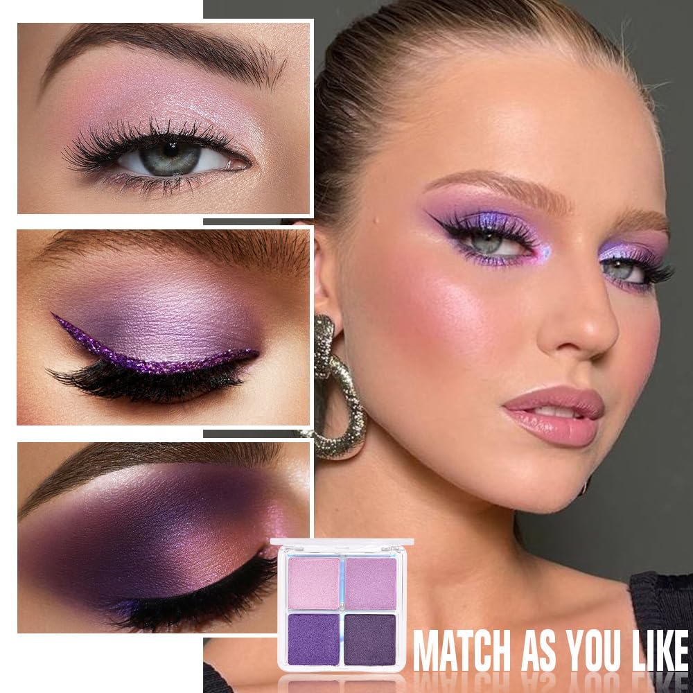 Kaely Powder Eyeshadow Quad, Lavender Purple Glitter Eyeshadow Palette Makeup, Neutral Eye Shadow Palette for Older Women Pigmented Waterproof, sombras para ojos, Blendable, Cruelty-free, 05