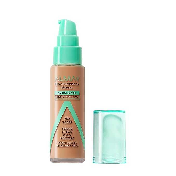 Almay Clear Complexion Acne Foundation Makeup with Salicylic Acid - Lightweight, Medium Coverage, Hypoallergenic, Fragrance-Free, for Sensitive Skin, 705 Toast, 1 fl oz.