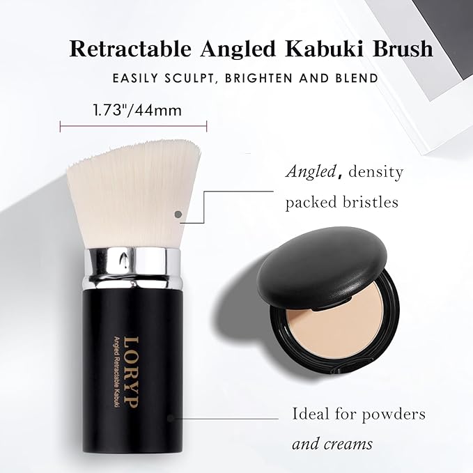 LORYP Retractable Makeup Brush Matte Black Kabuki Foundation Brush for liquid Cream and Powder Makeup 2 Pack Travel Makeup Brush Set