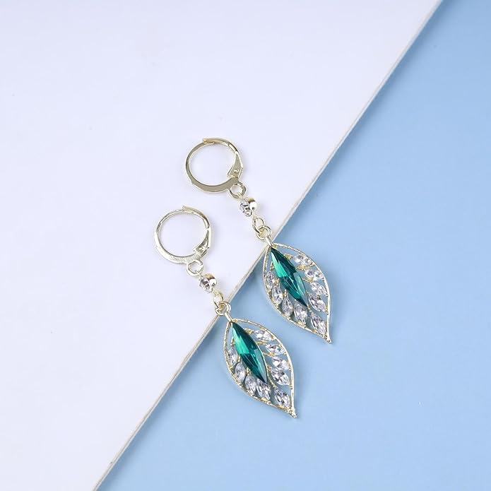 Vintage Emerald Leaf Earrings Rhinestone Leaf Drop Earrings Green Emerald Dangle Earrings Gold Crystal Leaf Hoop Earrings Jewelry for Women
