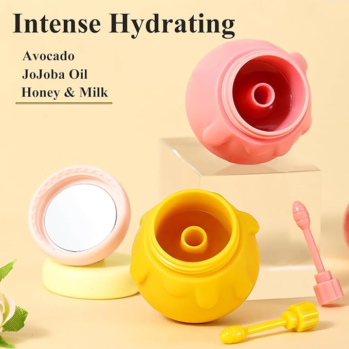 Honey Lip Mask, 3 In 1 Cute Hydrating Lip Mask for Women Girls, Honey Lip Balm with Wand, Milk Lip Masks for Dry Lips, Day and Night Night Lip Mask, Skin Care Lip Mask with Mirror