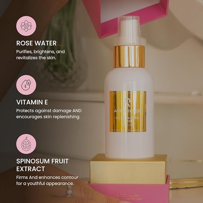 Amarose Rose Water Spray - Revitalizing, Facial Toner - Water for Face - Rose Water Toner - All Skin Types - Hydrating- Rosewater, Spray, Mist with Hyaluronic Acid