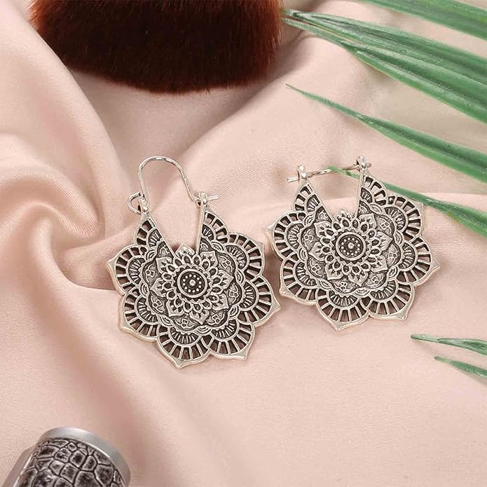 Boho Mandala Flower Earrings Gold Drop Dangle Earrings Tribal Earrings Vintage Ethnic Hoop Earrings Jewelry for Women and Girls