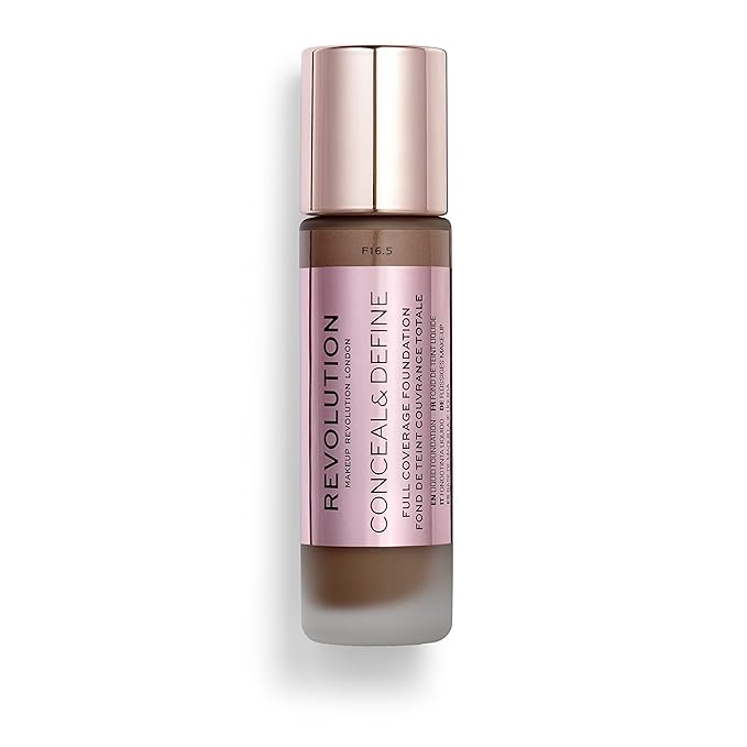 Makeup Revolution Conceal and Define Foundation, Full Coverage & Matte Finish, F17.5 for Dark Skin Tones, Vegan & Cruelty-Free, 0.7 Fl Oz