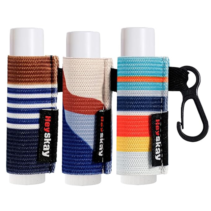 3PCS Lip Balm Holder Lipstick Sleeves Keychain Lip Gloss Holder Keychain Chapstick Elastic Sleeves(Dark blue strip)