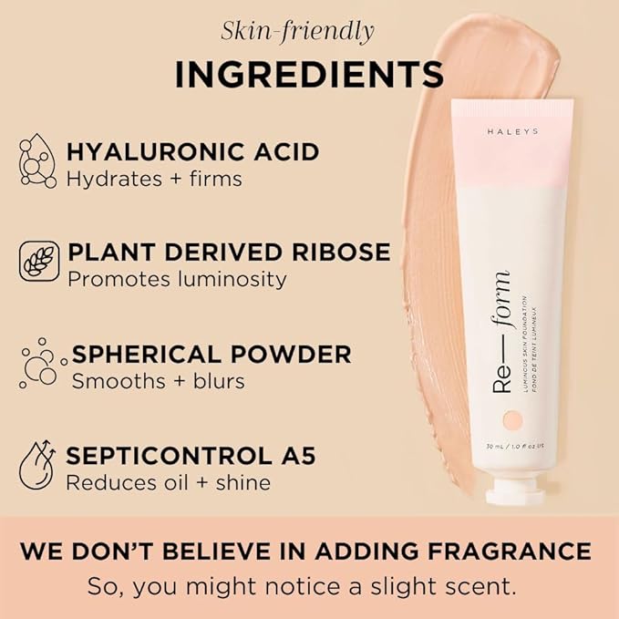 HALEYS Re-form Luminous Skin Foundation, VEGAN + CRUELTY-FREE, Blurs, Conceals, Blendable, Buildable Med-to-Full Coverage, Weightless, Oil-free, All-Day Wear, Hyaluronic Acid, All skin types (3.25)