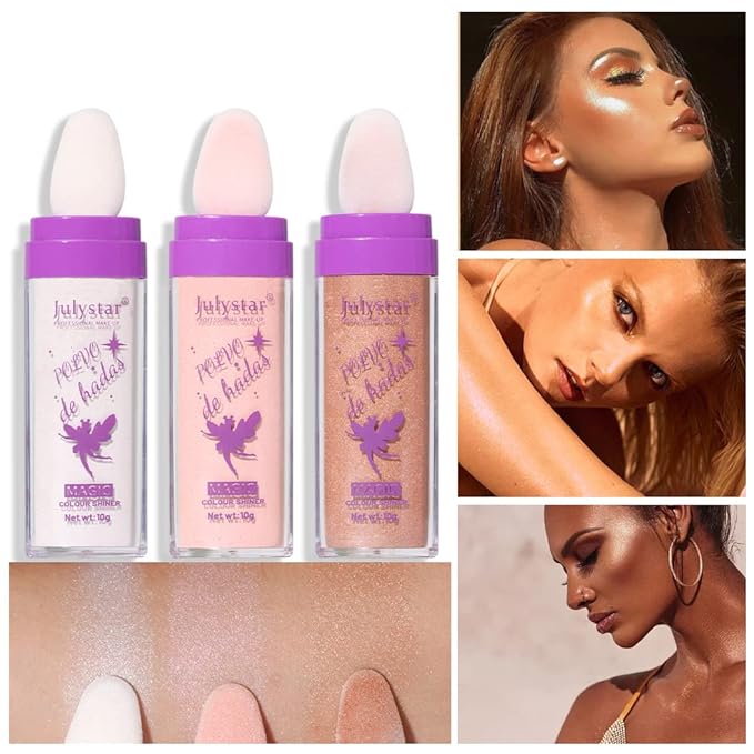 AKARY Shimmer Highlighter Powder, Fairy Polvo De Hadas Highlighter Powder & Blush Stick, Instant Glow Luminizer Duo, Glitter Body Face Hair High Gloss Stick, Sparkle Smudge-Proof Highlighter Stick Party Makeup (B1- #2)
