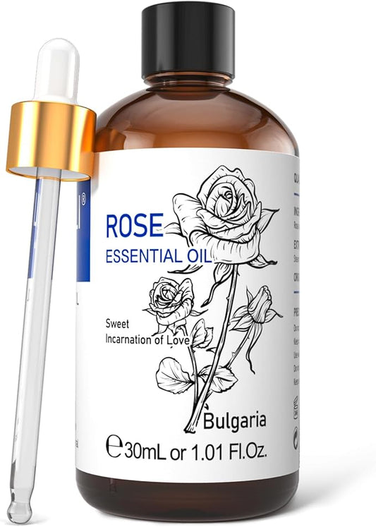 HIQILI Rose Essential Oil 1 Fl Oz, 100% Natural Therapeutic Grade for Aromatherapy, Diffuser, Skin Care, Massage, Includes Premium Quality Glass Dropper