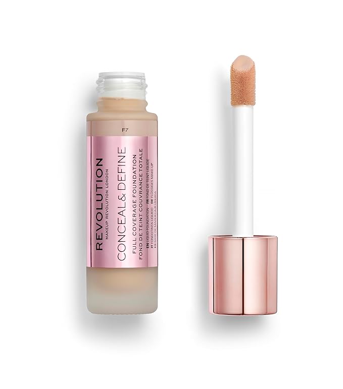 Revolution Beauty, Conceal & Define Foundation, Full Coverage, Long-Lasting Matte Finish, Vegan & Cruelty Free, F7 Medium Skin Tones, 0.8 Fl.Oz.