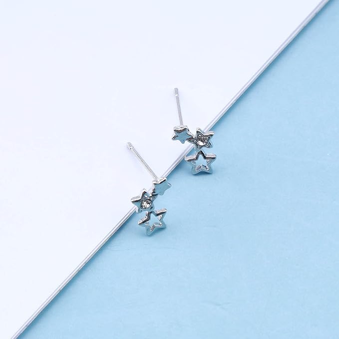 Bohemia Star Climber Crawler Earrings Silver Crystal Star Ear Climber Earrings Cluster Star Studs Earring Festival Earrings Jewelry for Women and Girls (Silver)