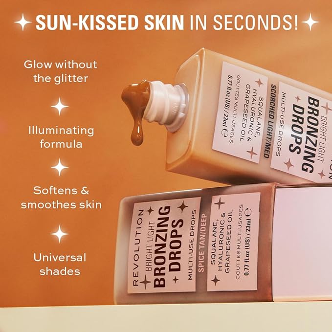 Revolution Beauty, Bright Light Bronzing Drops, Bronze & Glow Face & Body Drops Infused with Hyaluronic Acid, Summer Spice, 0.77 Fl. Oz.