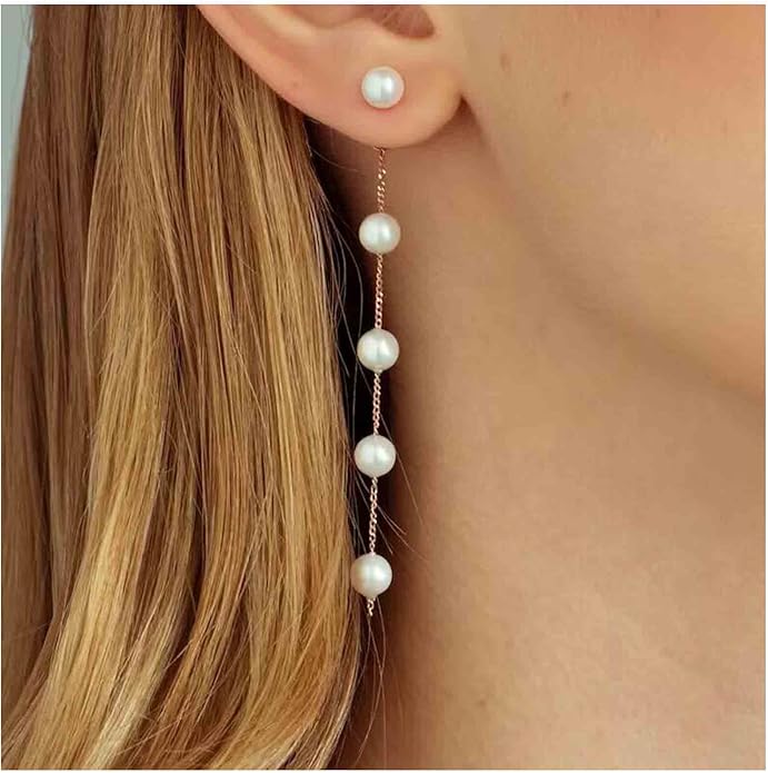 Boho Long Pearl Drop Earrings Vintage Gold Tassel Pearl Dangle Earrings Statement Pearl Chain Drop Dangle Earrings Wedding Prom Bridal Pearl Hook Earrings Jewelry for Women