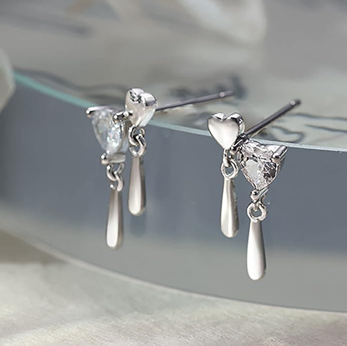 Vintage Crystal Heart Drop Earrings Silver Cz Teardrop Earrings Rhinestone Love Heart Stud Earrings Sparkly Tiny Heart Earrings Jewelry for Women