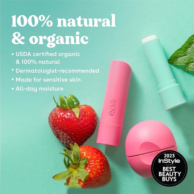 eos 100% Natural & Organic Lip Balm Sphere- Vanilla Bean, All-day Moisture, Dermatologist Recommended for Sensitive Skin, Lip Care Products, 0.25 oz