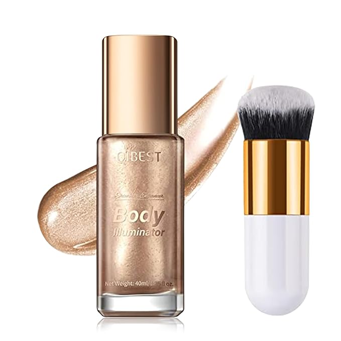 40ml Body Shimmer Oil,Liquid Body Illuminator, Waterproof Moisturizing And Glow For Face & Body, All-In-One Makeup Liquid Illuminator, Summer Body Luminizer,Makeup Brush Include(02#Rose Gold)