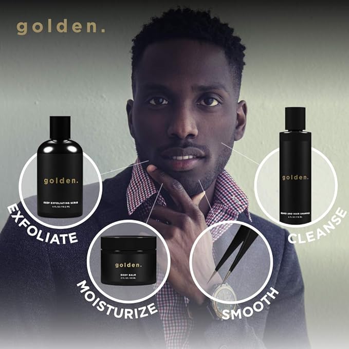 Golden Grooming Co. Bath and Body Skin Care Kit Gift Set for Men - with Deep Exfoliating Scrub, Face Wash, Moisturizer, Body Wash, 2 in 1 Beard and Hair Shampoo, Body Balm,Solid Cologne and Tweezers