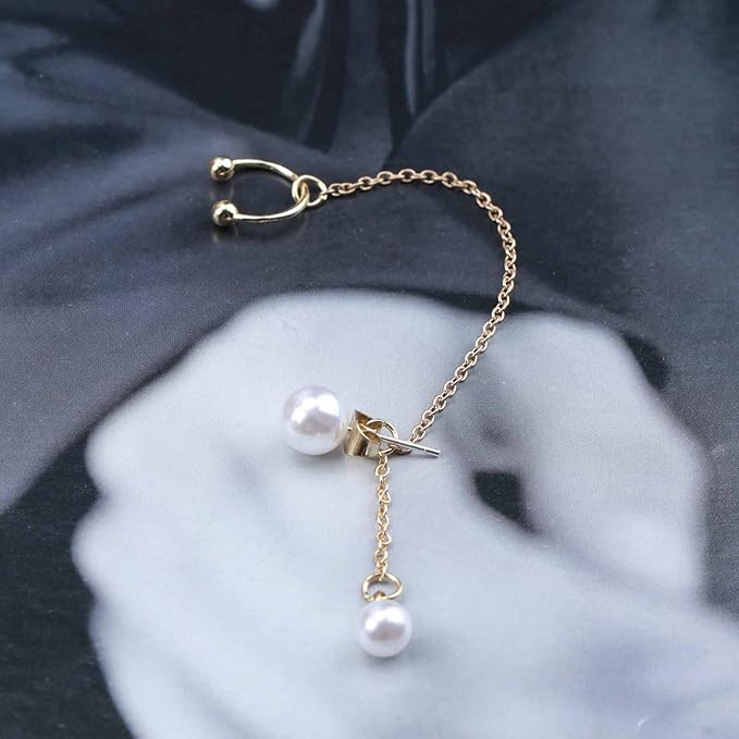 Vintage Pearl Cuff Chain Earrings Gold Chain Ear Cuffs Dangle Chain Cartilage Earrings Pearl Studs Earrings Cartilage Helix Earrings Helix to Lobe chain earrings Jewelry for Women and Girls (Gold B)