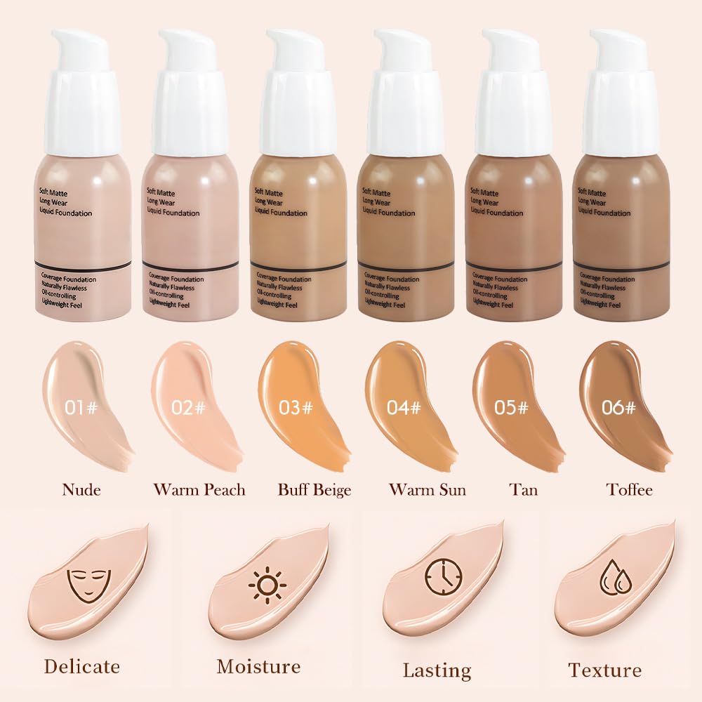 2Pcs Matte Liquid Full Coverage Foundation, Flawless Soft Matte 24HR Oil Control Full Coverage Foundation Makeup for Women, Long-Lasting Waterproof Full Coverage, 06#Toffee (06+06, Pack of 2)