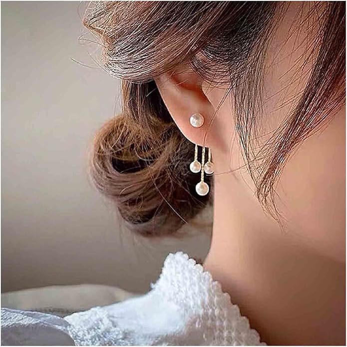 Boho Pearl Drop Dangle Earrings Gold Pearl Ear Jacket Earrings Vintage Dangle Pearl Tassel Earrings Double Way Front Back Earrings Jewelry for Women Gifts
