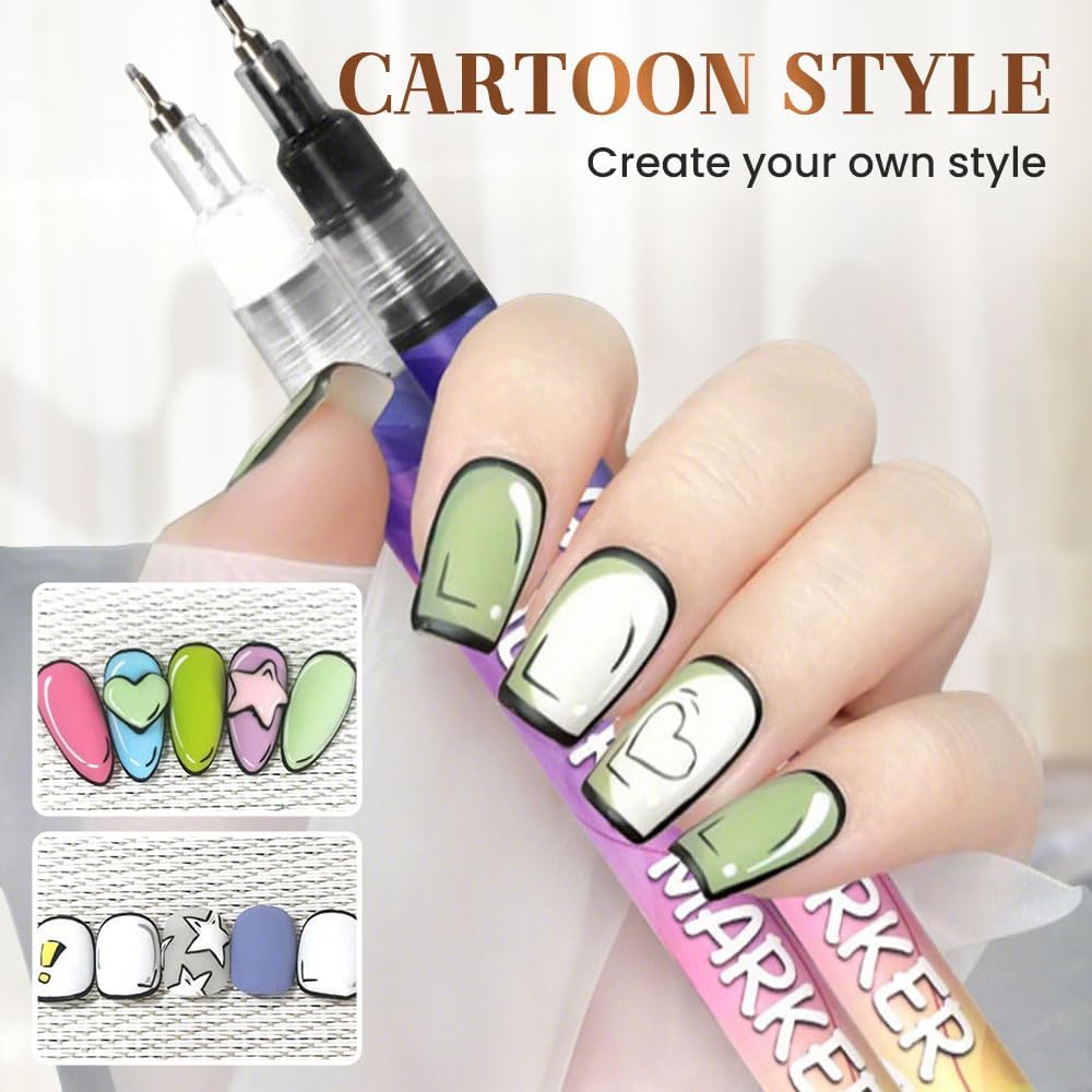 Nail Markers, 12 Colors Nail Art Pens Set Nails Art Markers Polish Pen for 3D Nail Art, Nails Arts Tools for Graffiti Dotting Drawing Painting Point Liner DIY Kit Home Nail Salon DIY (1 Set 12Color)