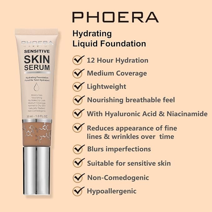 PHOERA Hydrating Serum Foundation,Flawless Full Coverage and Hypoallergenic Makeup Base Foundation. (N06 Mocha, norm)