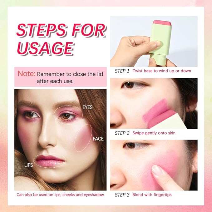 Blush Stick Matte Finish Waterproof Long Lasting Pink Red Cheek Lip Make-up Multi Lip Tint Stick Highlighter High Pigment Rouge Blush for Women Lady Daily Lip Cheek Make (3#coral orange)