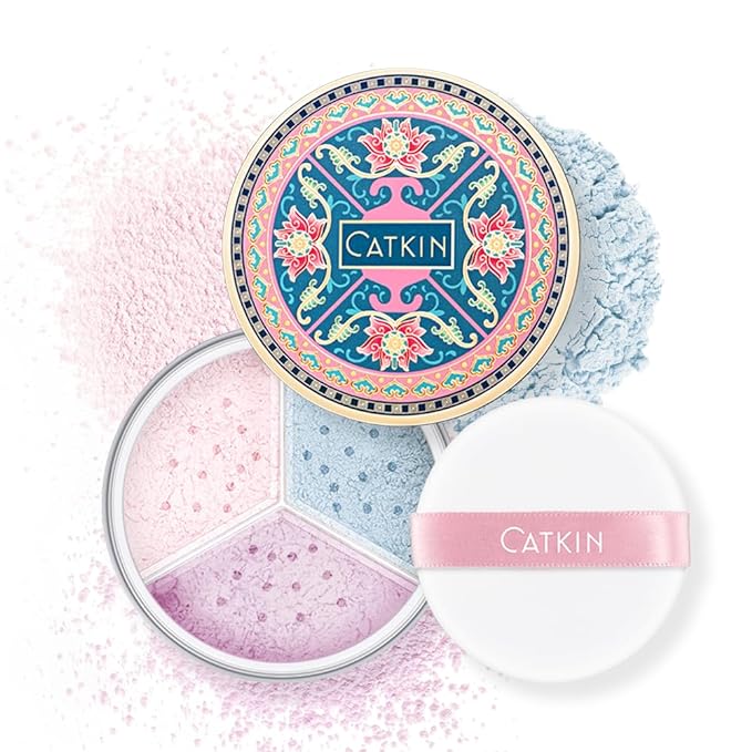 CATKIN Poreless Finish Loose Setting Powder Makeup, Translucent Natural Shimmer Finishing Makeup for All Skin Tones, 3 Colors Even Skin Tone – 0.42 oz Includes Velour Puff