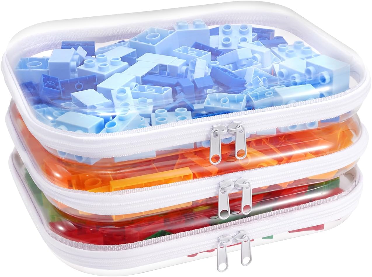Clear Hard Plastic Zipper Case,Transparent Double Zippers Hard Pouch with 3pcs,Portable Travel Organizer Bin for Toy Storage