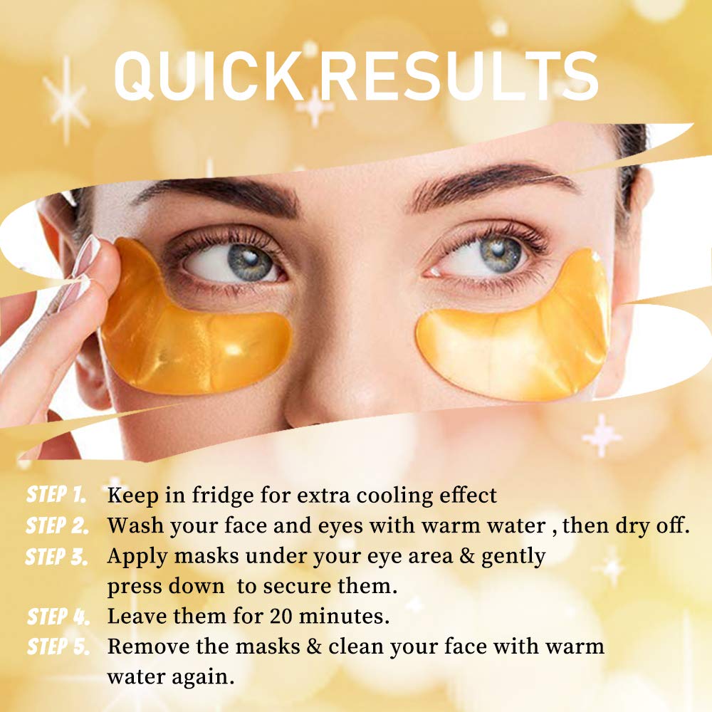Vandarllin 24K Gold Powder Gel Collagen Eye Masks Sheet Patch, Anti Aging, for Bags,Dark Circles and Puffiness,Anti Wrinkle,Moisturising,Hydrating for Blackheads (20Pairs)