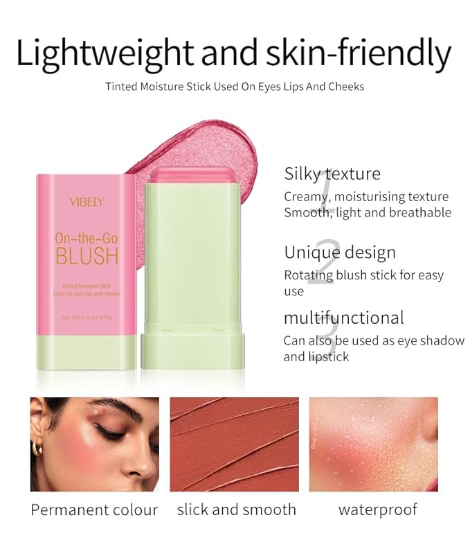 Multi-Use Makeup Blush Stick, Cream Blush Stick, Tinted Solid Moisturizer Stick for Cheek & Eyes & Lips, Waterproof Natural Nude Makeup, Suitable for All Skin (2#Hot Red)