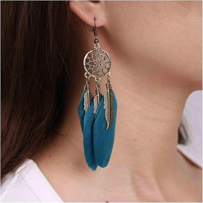 Boho Black Feather Dangle Earrings Long Feather Tassel Earrings Vintage Tribal Feather Earrings Gold Feather Drop Earrings Jewelry for Women