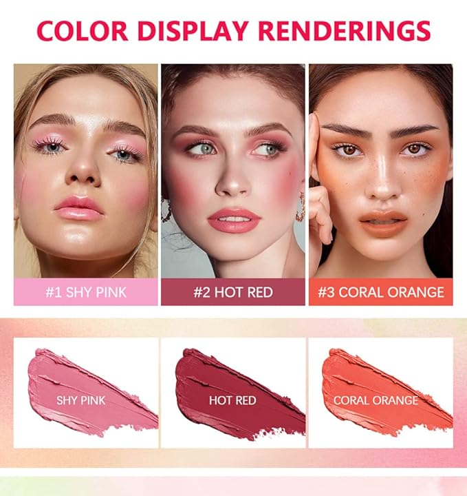 On-the-Go Makeup Blush Stick Tinted Moisture Stick, Shadow Lips Cheek Blusher Creamy Makeup Long Lasting Natural Nude Makeup for All Skin (3PC)