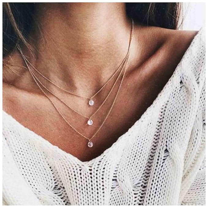 Boho Layered Crystal Necklace Choker Gold Bezel Pendant Necklace Multi Layering Vintage Necklace Chain Cz Bridal Necklace Chain Jewelry for Women and Girls