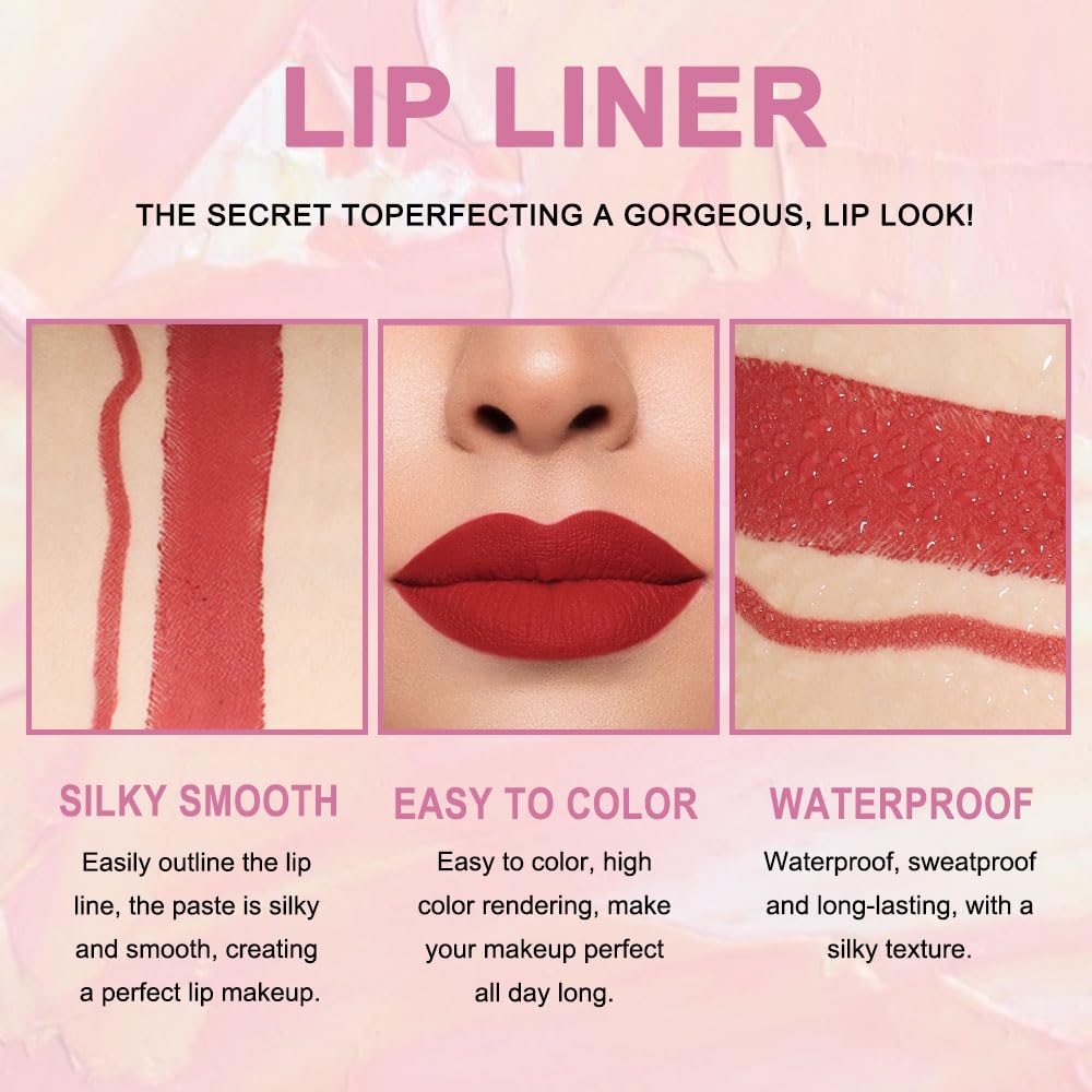 Kaely 2-in-1 Red Lip Liner & Lipstick Set Kit for Women, Matte Lips Kit with Lip Liner Lip Stains Long Lasting Waterproof 24 Hour Lipstick and Lip Liners Combo Lipliners Pencil Set 01