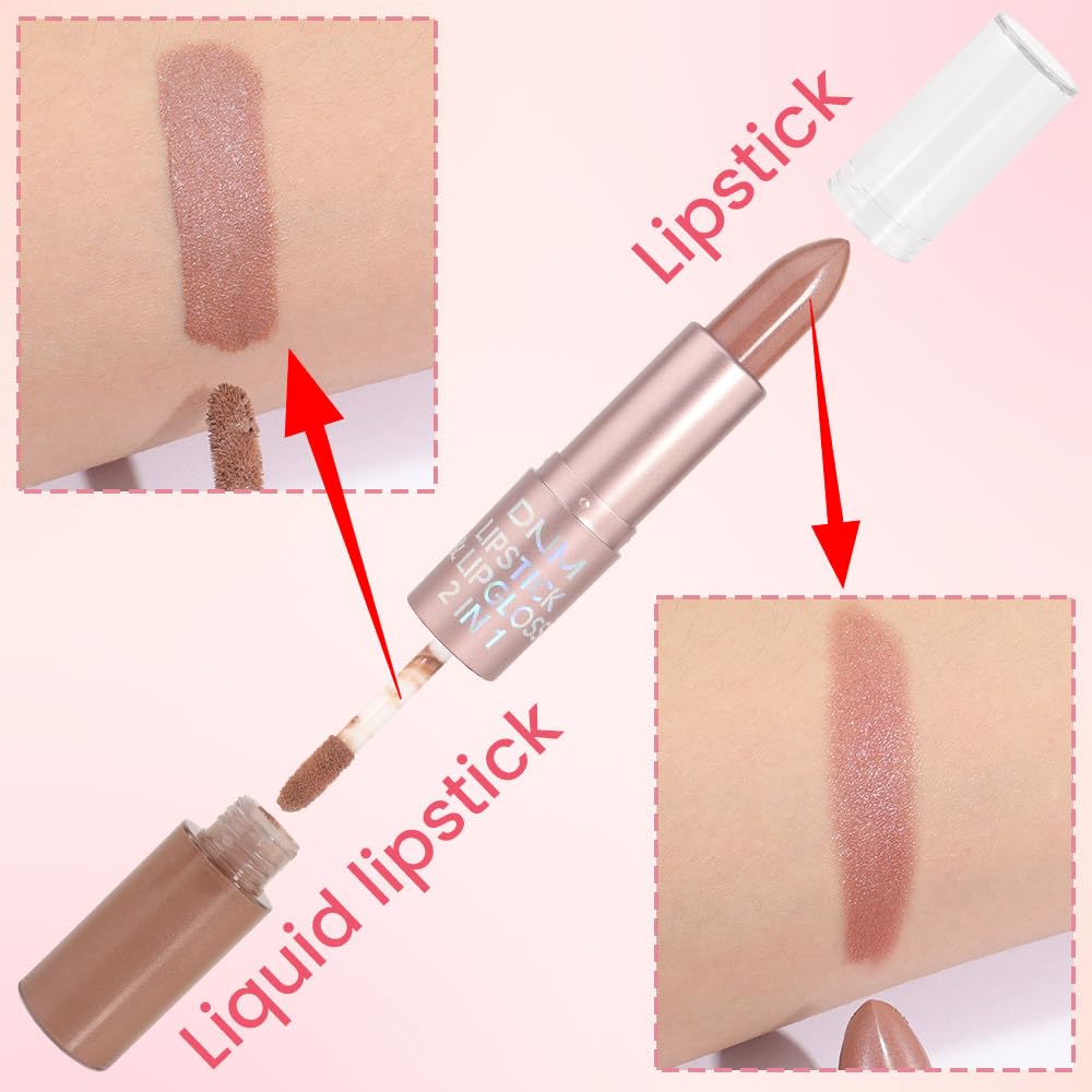 evpct 2 in 1 Nude Brown Glitter Metallic Shimmer Diamond Lipstick and Lip Gloss Set for Women Long Lasting Waterproof, Bronze Gold Sparkle Glitter Shiny Lipstick and Lip Liner Makeup Set, 03#