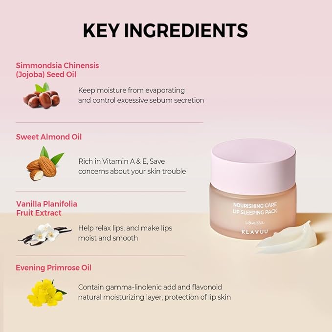 Klavuu Nourishing Care Lip Sleeping Pack(Vanila & Coconut & Berry)-Overnight Exfoliating & Nourishing Lip Treatment Balm for Dry Lips - Natural Moisturizing Lip Oil - Lip Balm to Repair