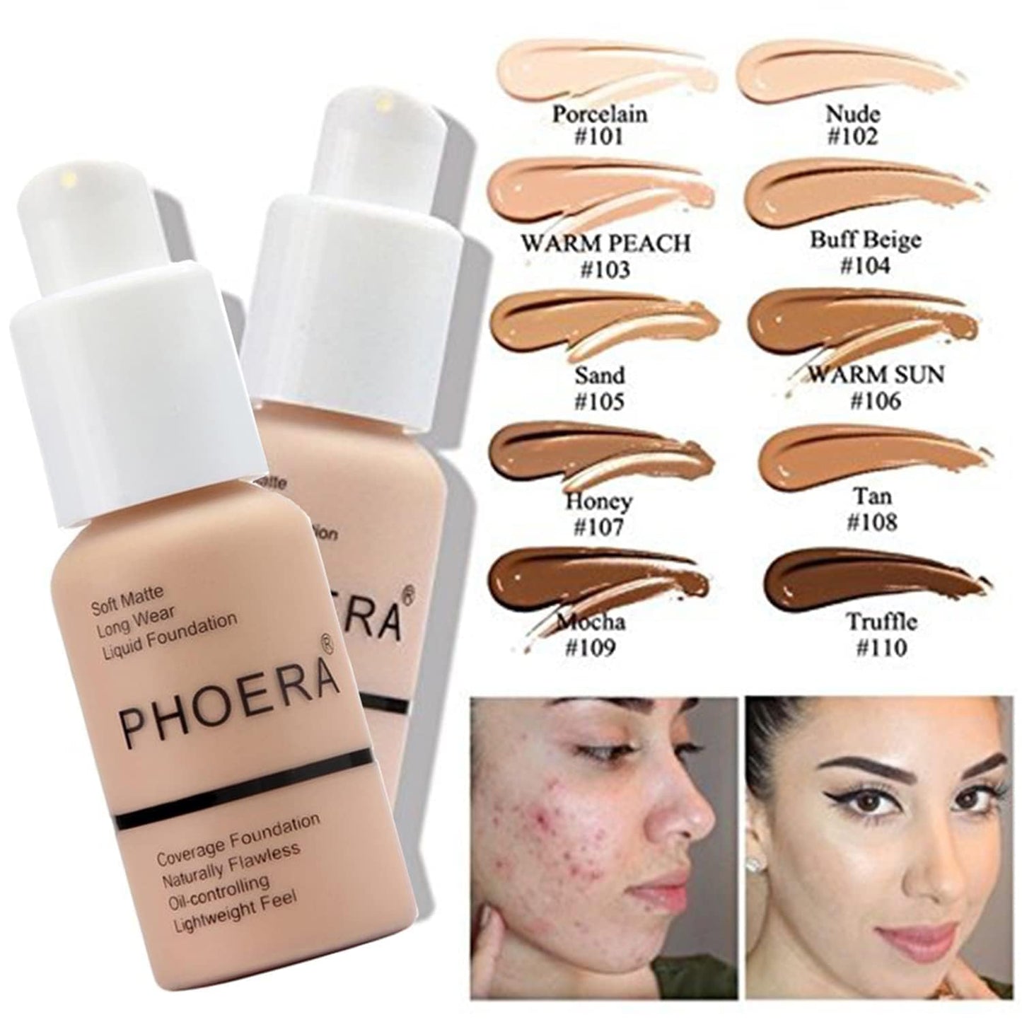 PHOERA Foundation, PHOERA Matte Liquid Foundation,PHOERA Makeup for Women, PHOERA Foundation Full Coverage Concealer, 30ml 24HR Matte Oil Control Concealer (104- Buff Beige)