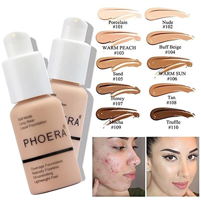PHOERA Foundation Makeup for Wome Full Coverage Foundation Set,Face Primer Foundation Brush Powder Brush,5 Makeup Sponge,30ml PHOERA 24HR Matte Oil Control Concealer (110-Truffle)
